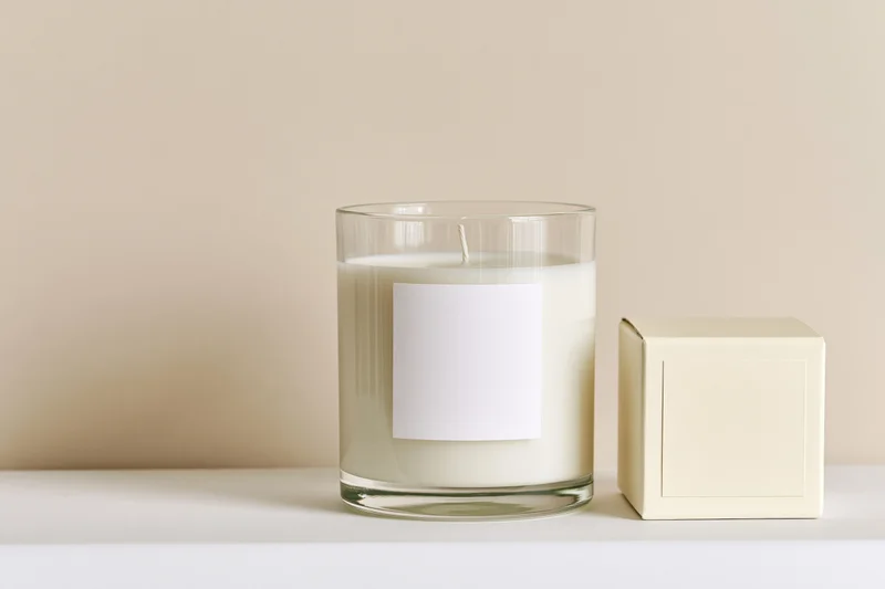 White soy candle in clear glass jar with blank label beside cream box on white surface