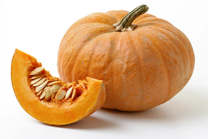 Whole pumpkin with a cut wedge slice in front on white background