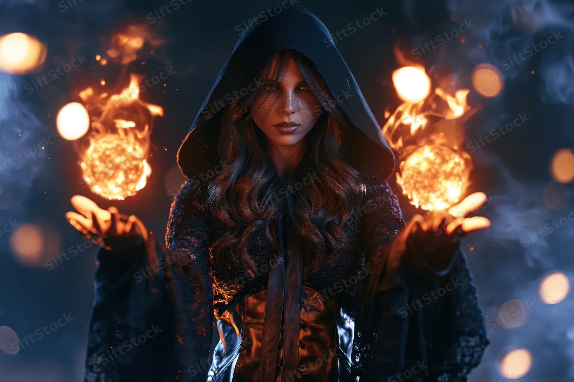 Woman in dark hooded robe holding glowing fire orbs in each hand, surrounded by smoke and light flares