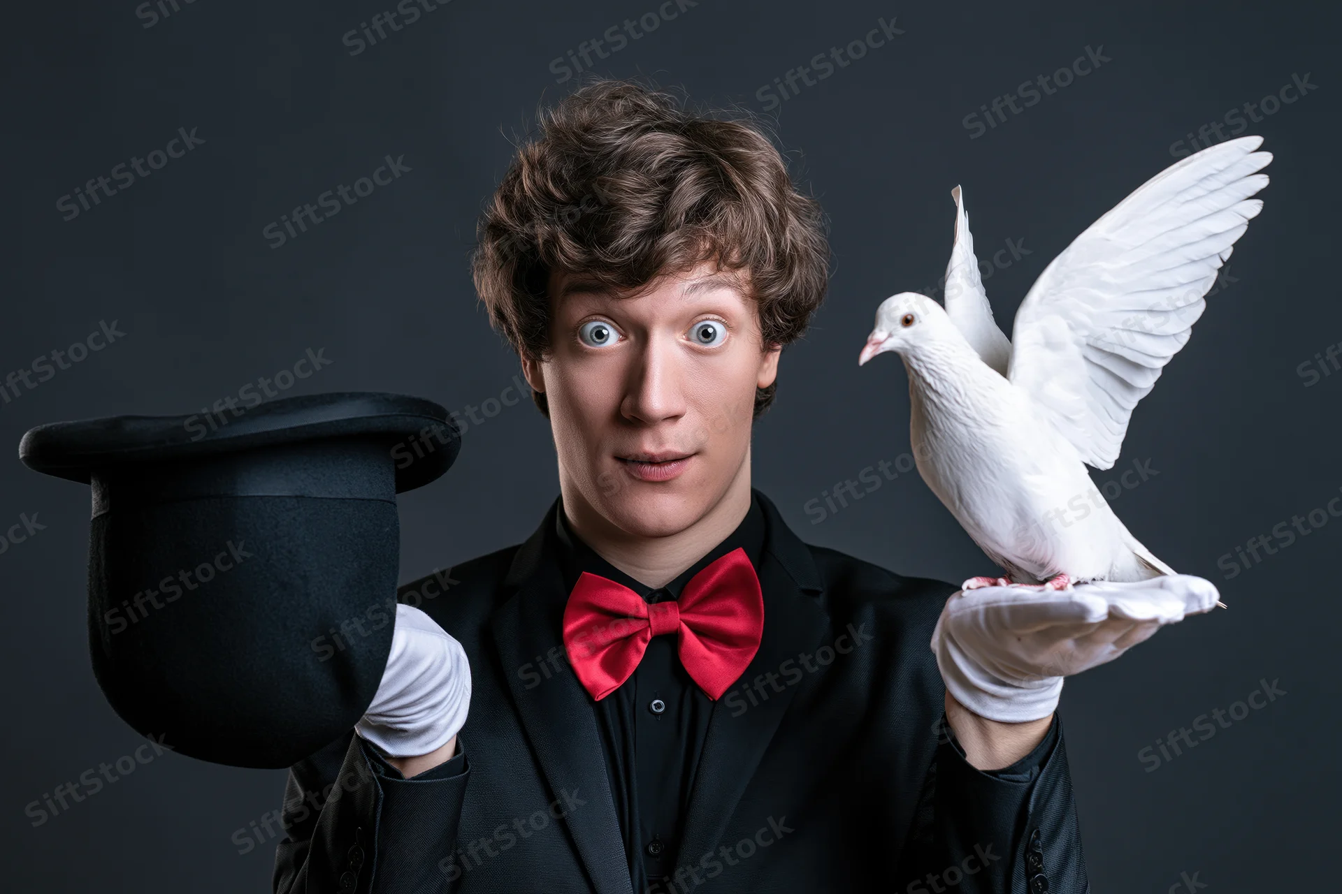 Young male magician in black suit and red bow tie holding white dove and top hat, studio portrait