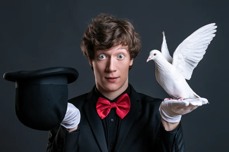Young male magician in black suit and red bow tie holding white dove and top hat, studio portrait