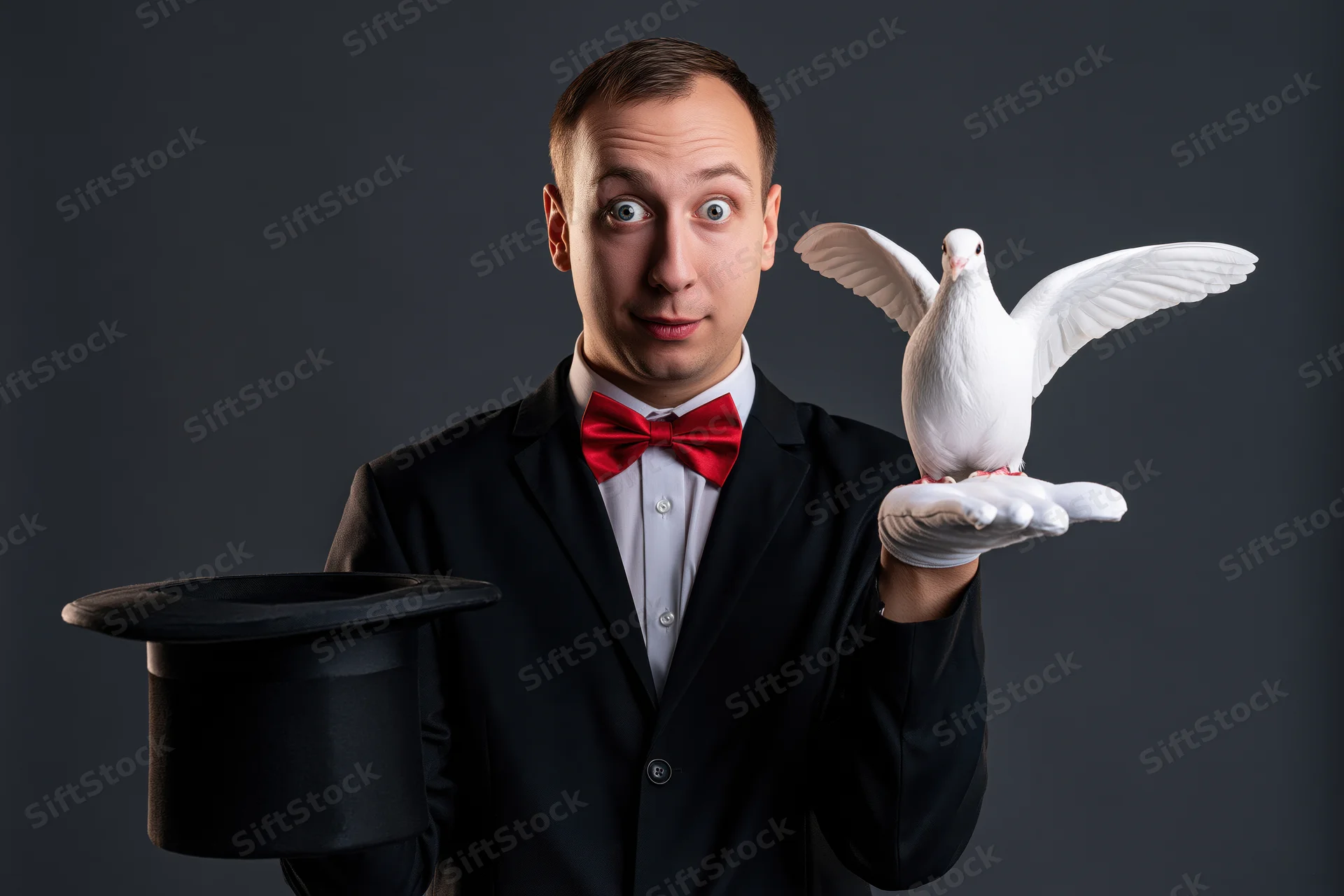Young male magician in black suit and red bow tie holding white dove on gloved hand with top hat in other hand against dark background