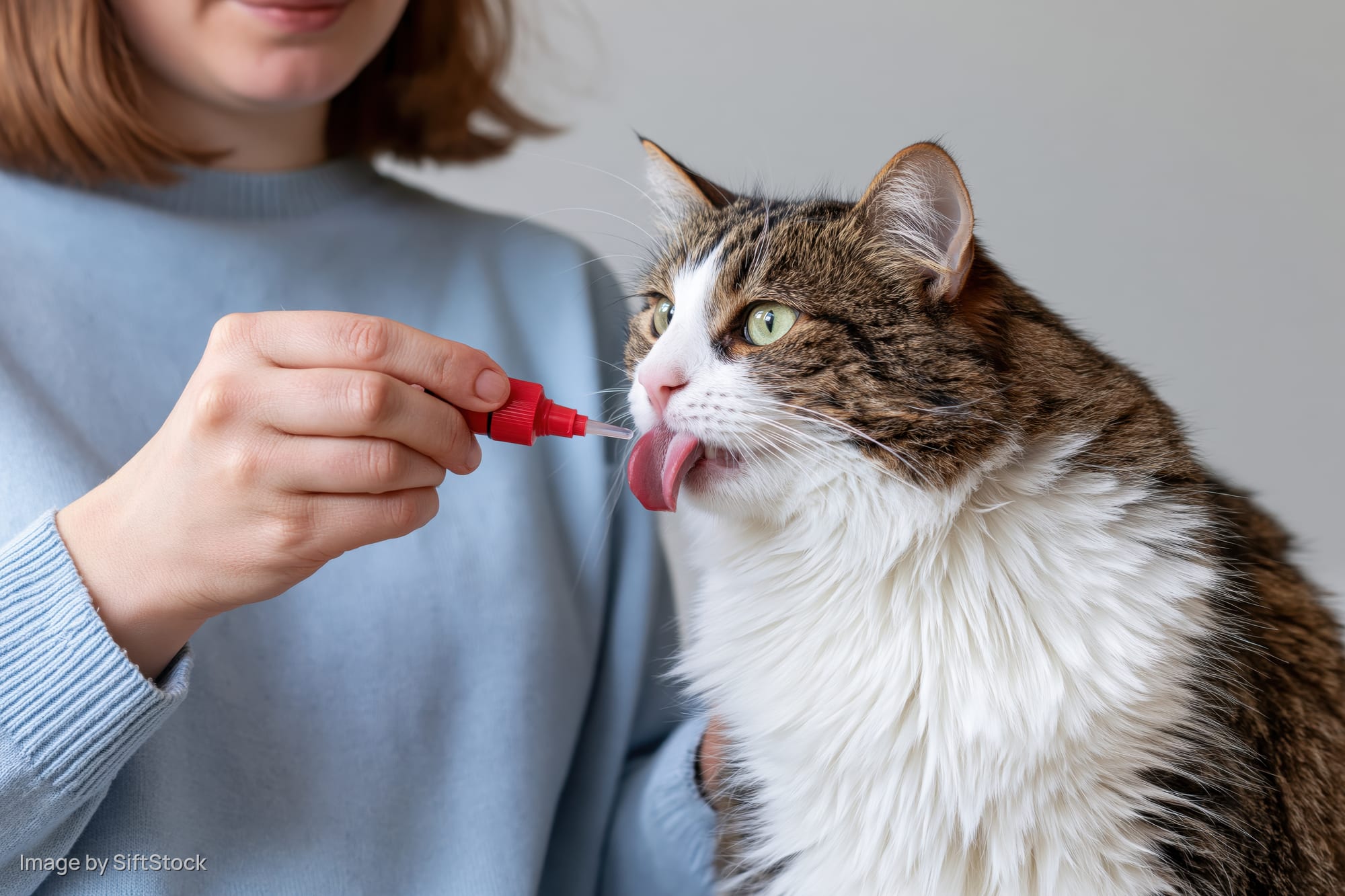 Woman feeding a tabby cat with a dropper indoors