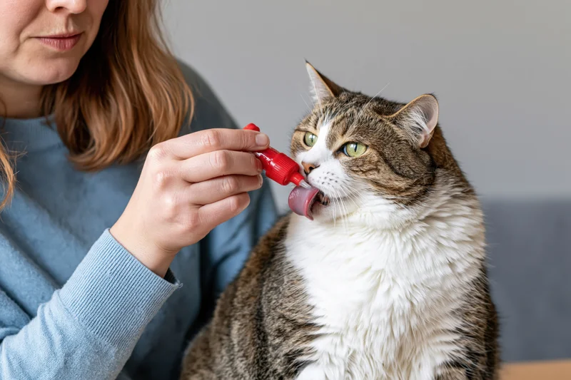Young woman feeding a tabby cat with a red syringe indoors