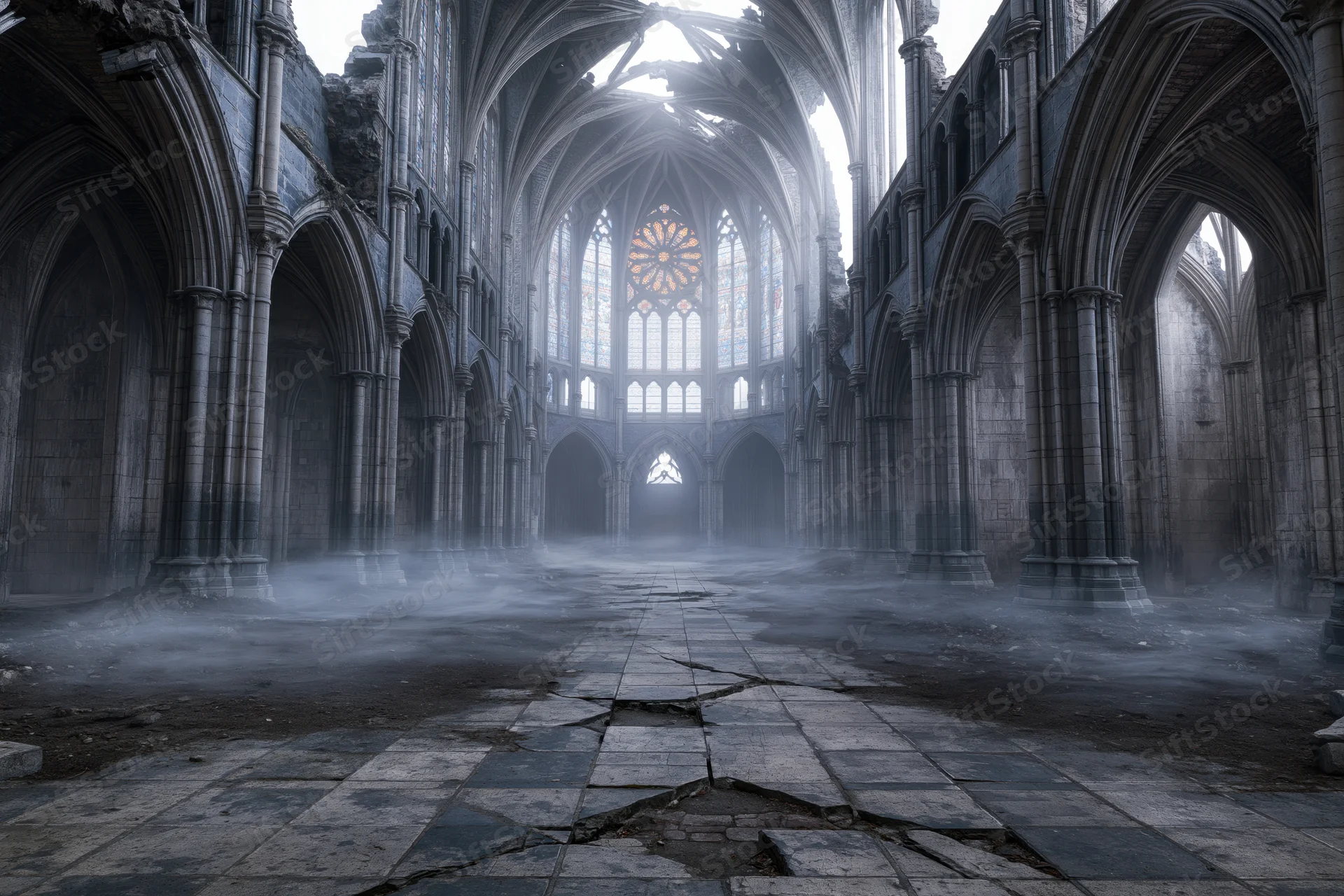 Abandoned gothic cathedral nave with broken stone floor and mist rising toward stained glass rose window