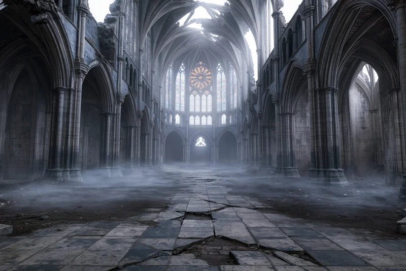 Abandoned gothic cathedral nave with broken stone floor and mist rising toward stained glass rose window