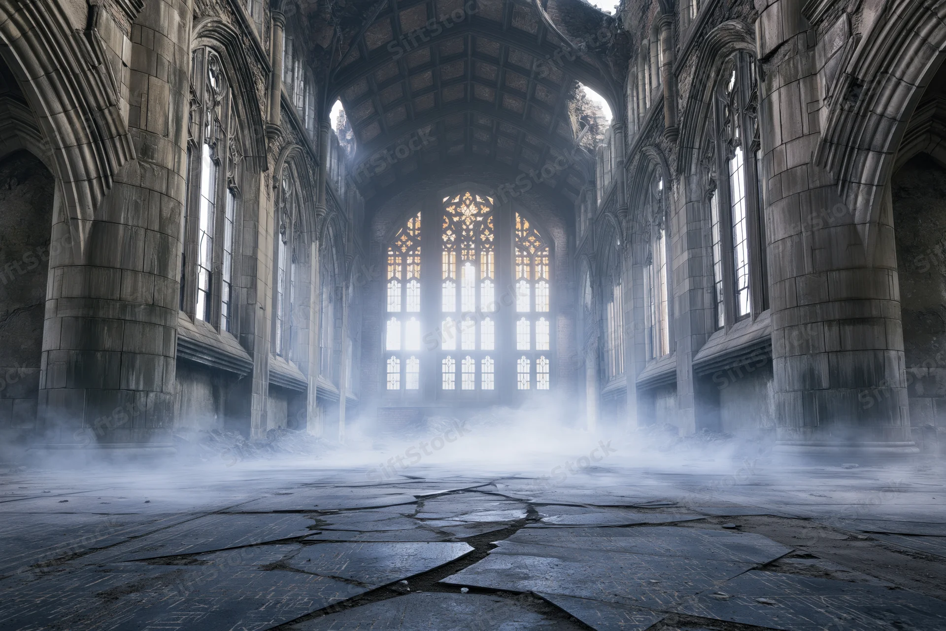 Abandoned gothic cathedral nave with mist and broken stone floor stretching toward stained glass windows