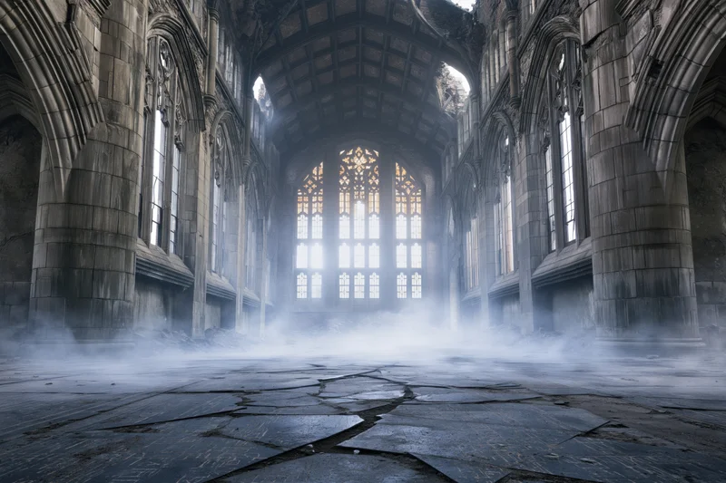 Abandoned gothic cathedral nave with mist and broken stone floor stretching toward stained glass windows