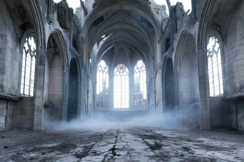 Abandoned gothic cathedral nave with fog and broken roof, interior view