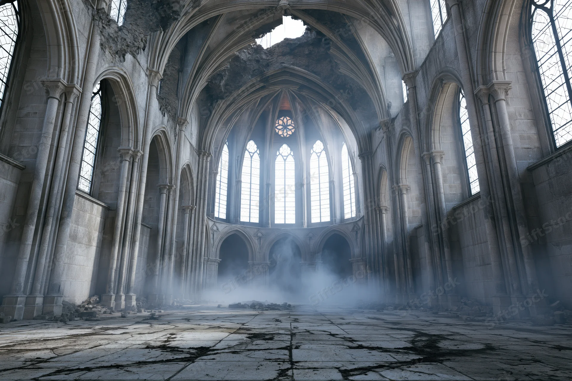 Abandoned gothic cathedral nave with broken dome and misty interior