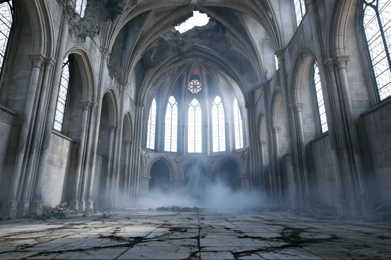 Abandoned gothic cathedral nave with broken dome and misty interior