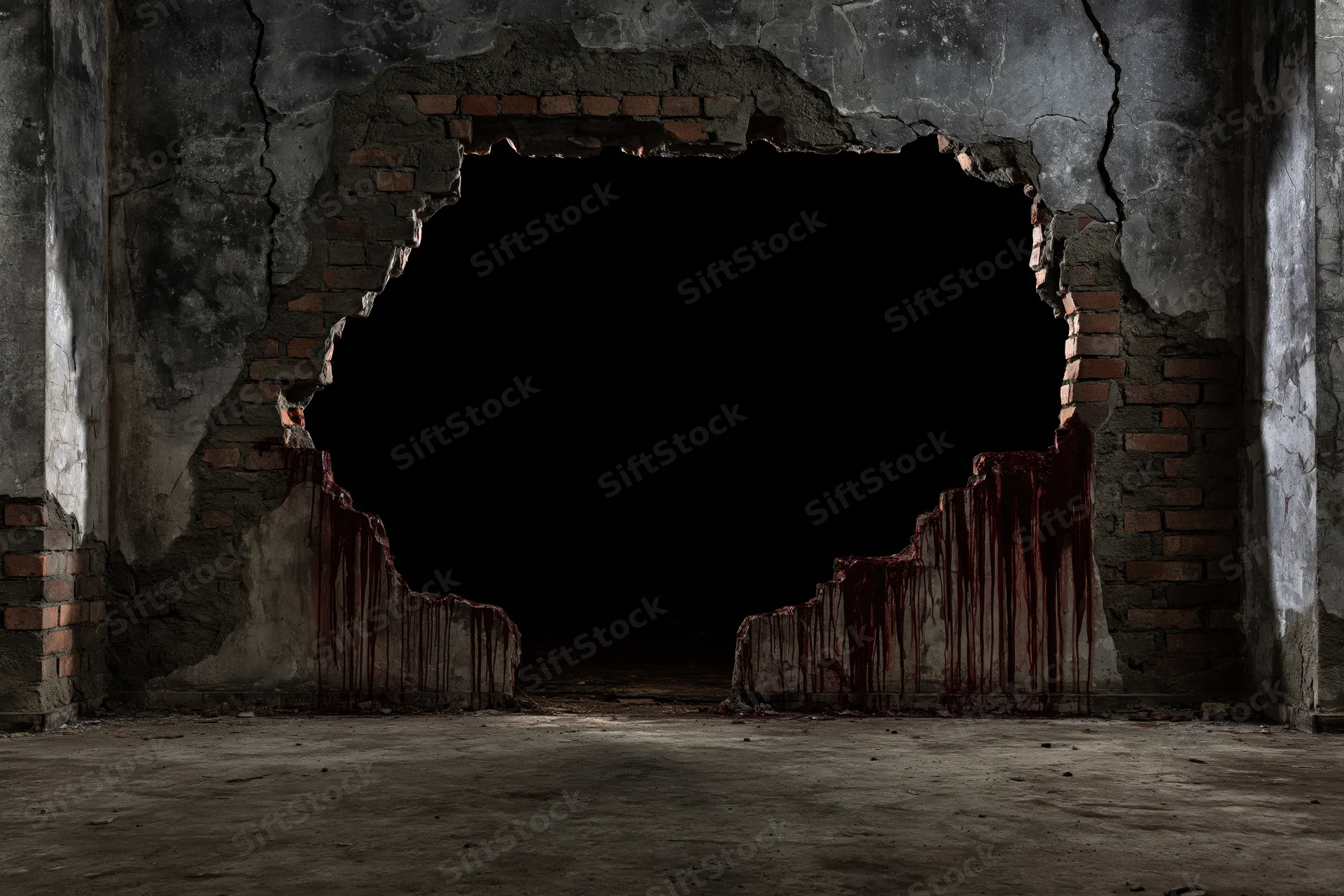 Jagged hole broken through concrete wall in abandoned room with blood dripping from edges