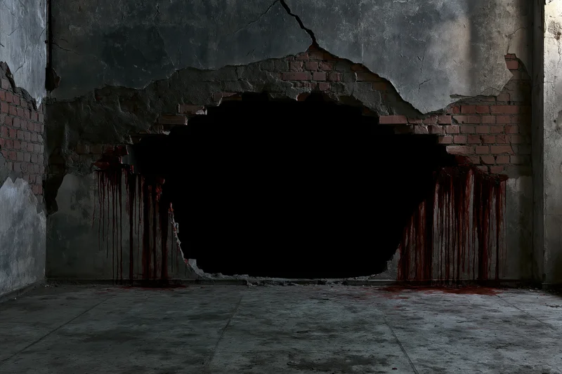 Large jagged hole in a broken concrete wall with blood dripping from edges in an abandoned interior room