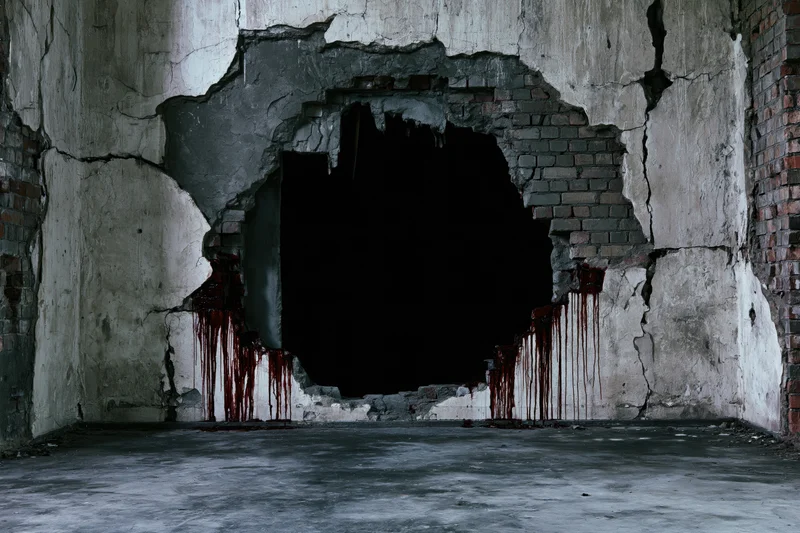 Large jagged hole in a crumbling concrete wall of an abandoned room with blood dripping down the edges into darkness
