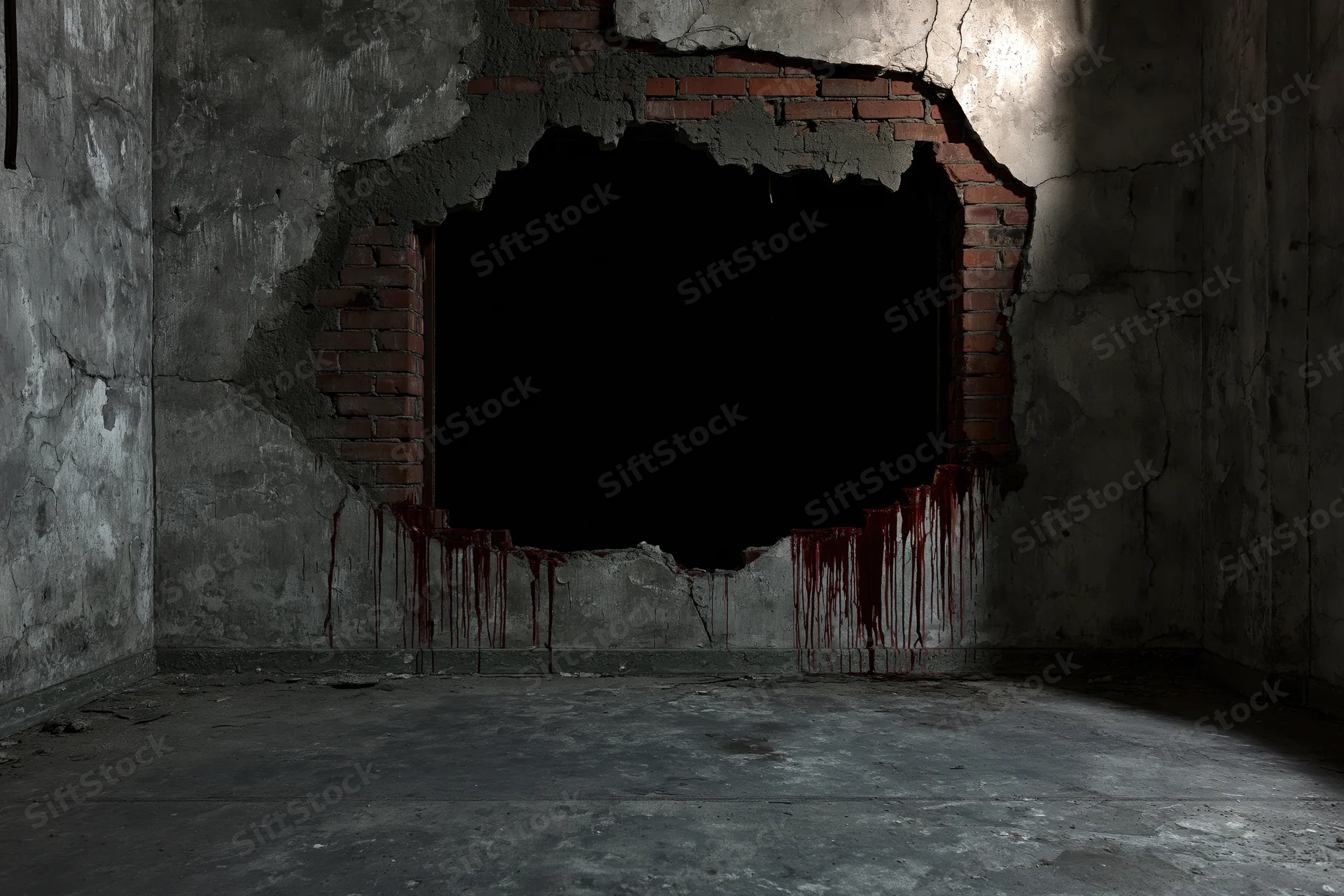 Jagged hole broken through concrete wall in abandoned room with blood dripping from edges