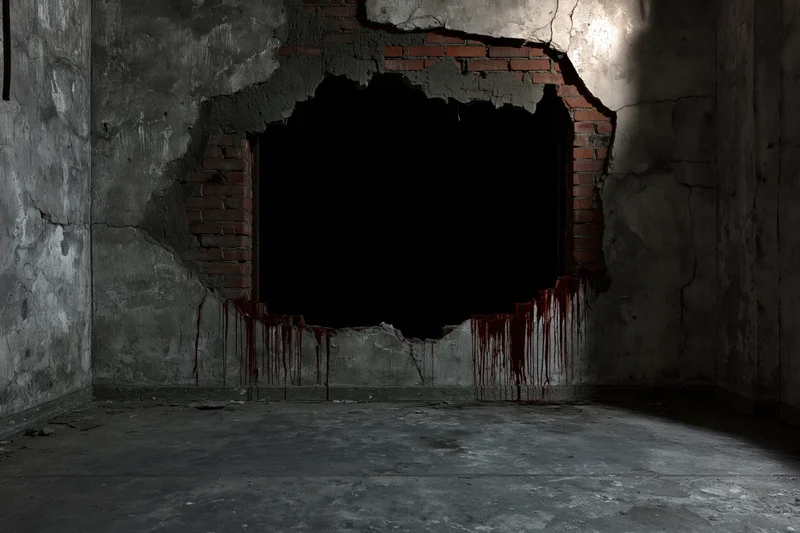 Jagged hole broken through concrete wall in abandoned room with blood dripping from edges