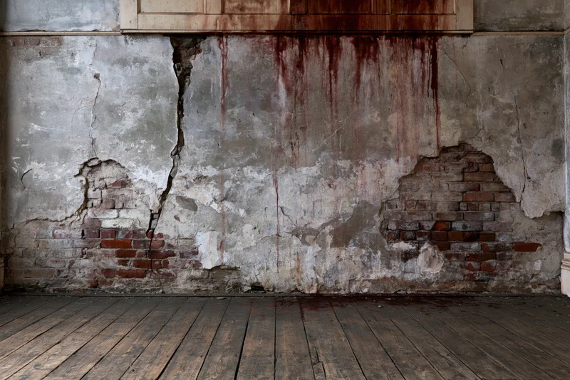 Damaged concrete wall with exposed bricks and red stains in an abandoned room with wooden floor