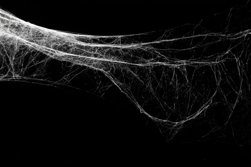 Abandoned spiderweb stretching across dark corner with layered filaments