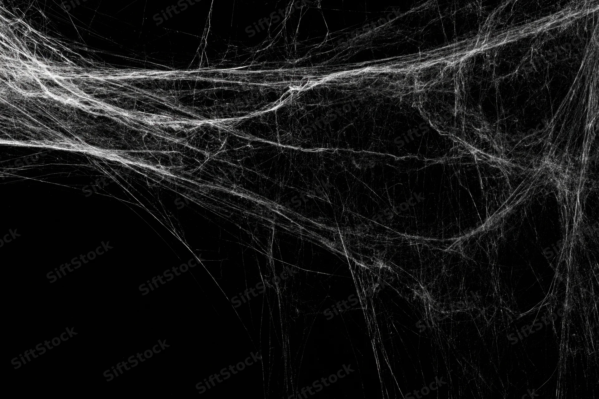 Abandoned spiderweb stretching across a dark corner with layered filaments