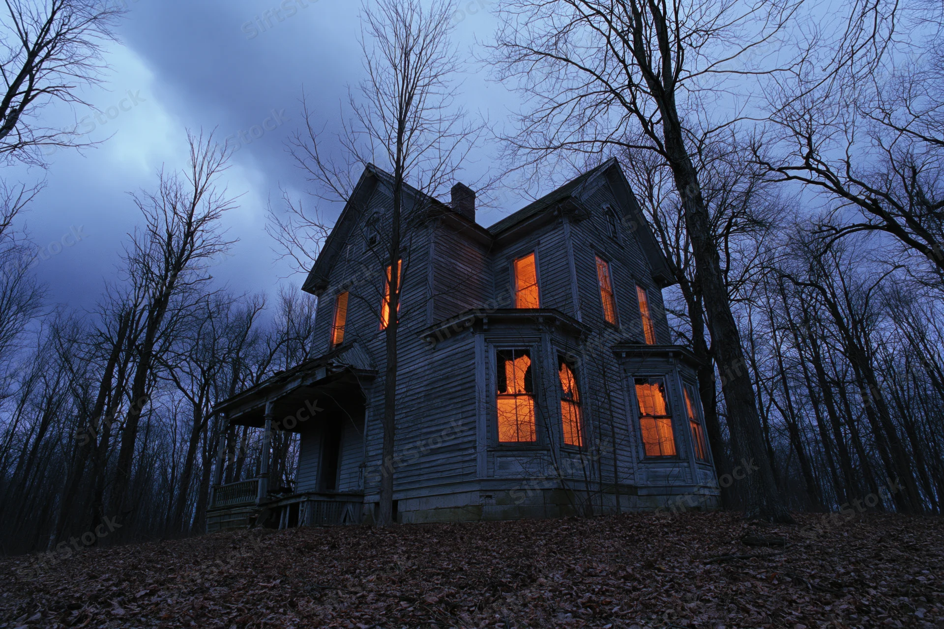 Abandoned victorian house with glowing amber light in windows at twilight surrounded by bare trees and fallen leaves