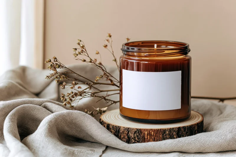 Amber glass jar candle with blank white label on wooden slice and linen fabric