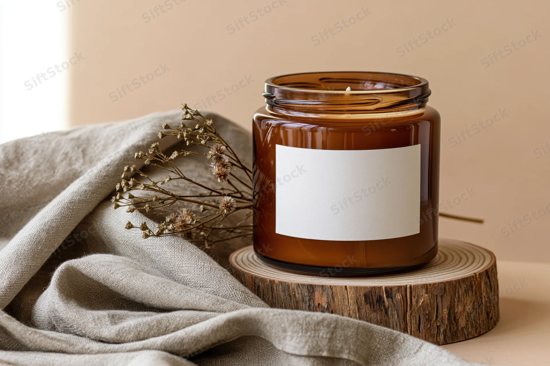 Amber glass candle with blank white label on wooden slice beside linen cloth and dried flowers