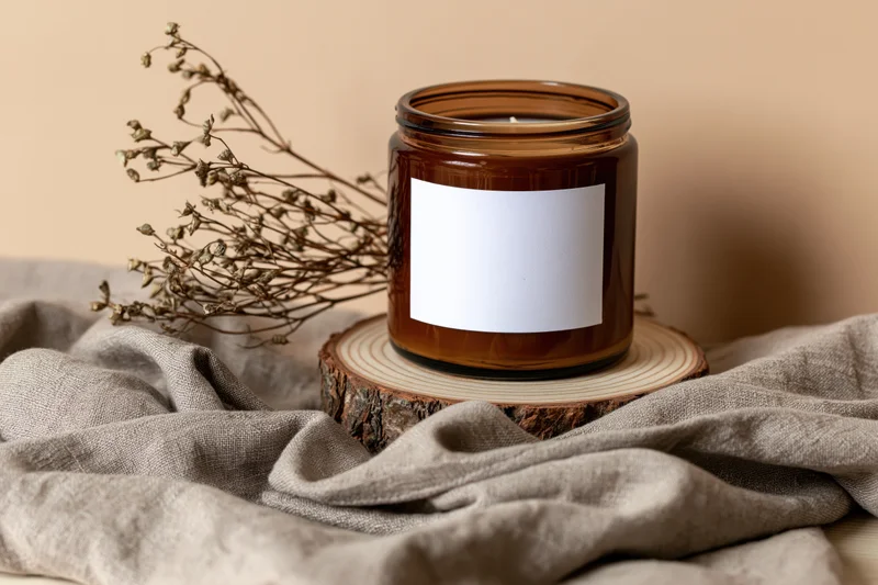 Amber glass candle jar with blank white label on wooden slice surrounded by dried flowers and linen fabric
