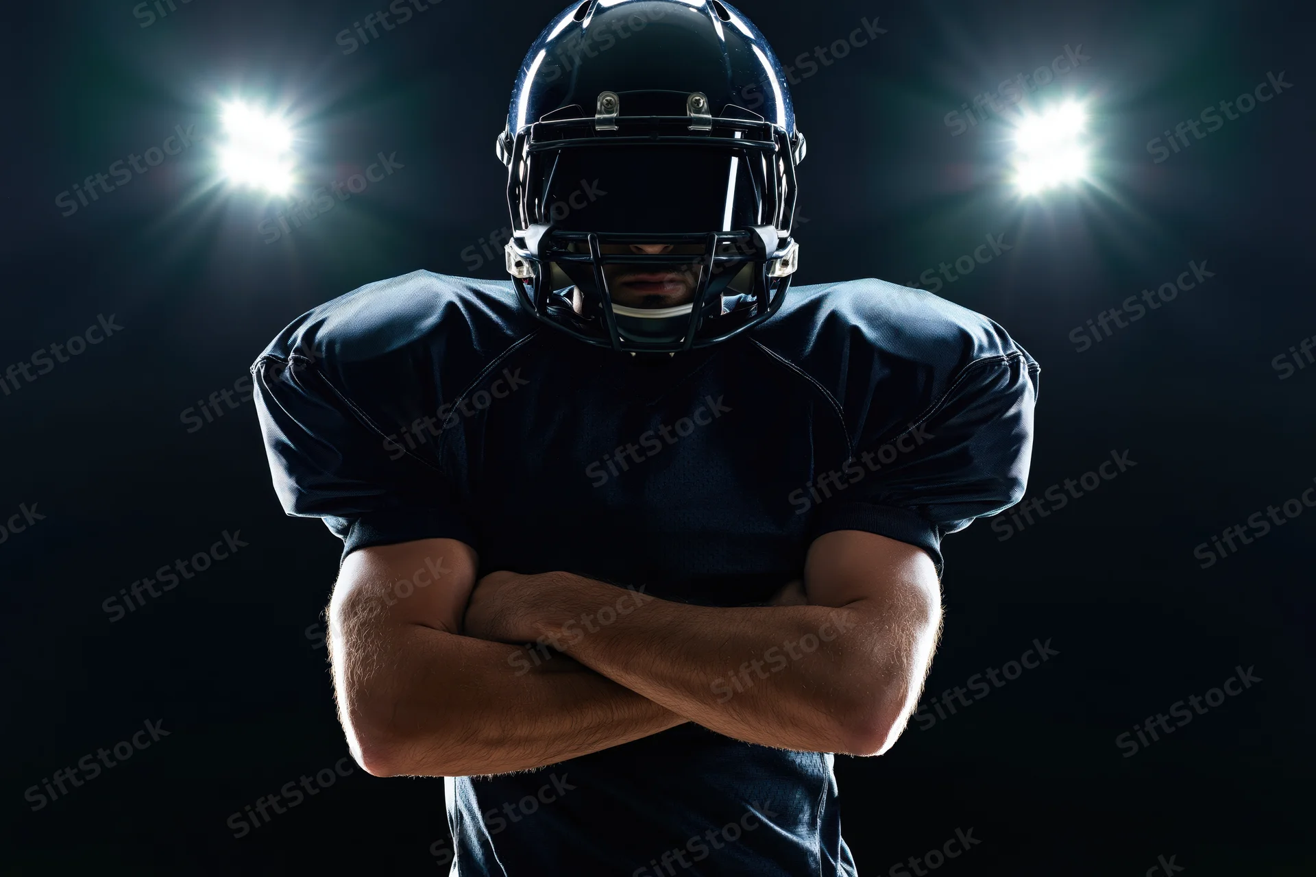 American football player with arms crossed under stadium lights