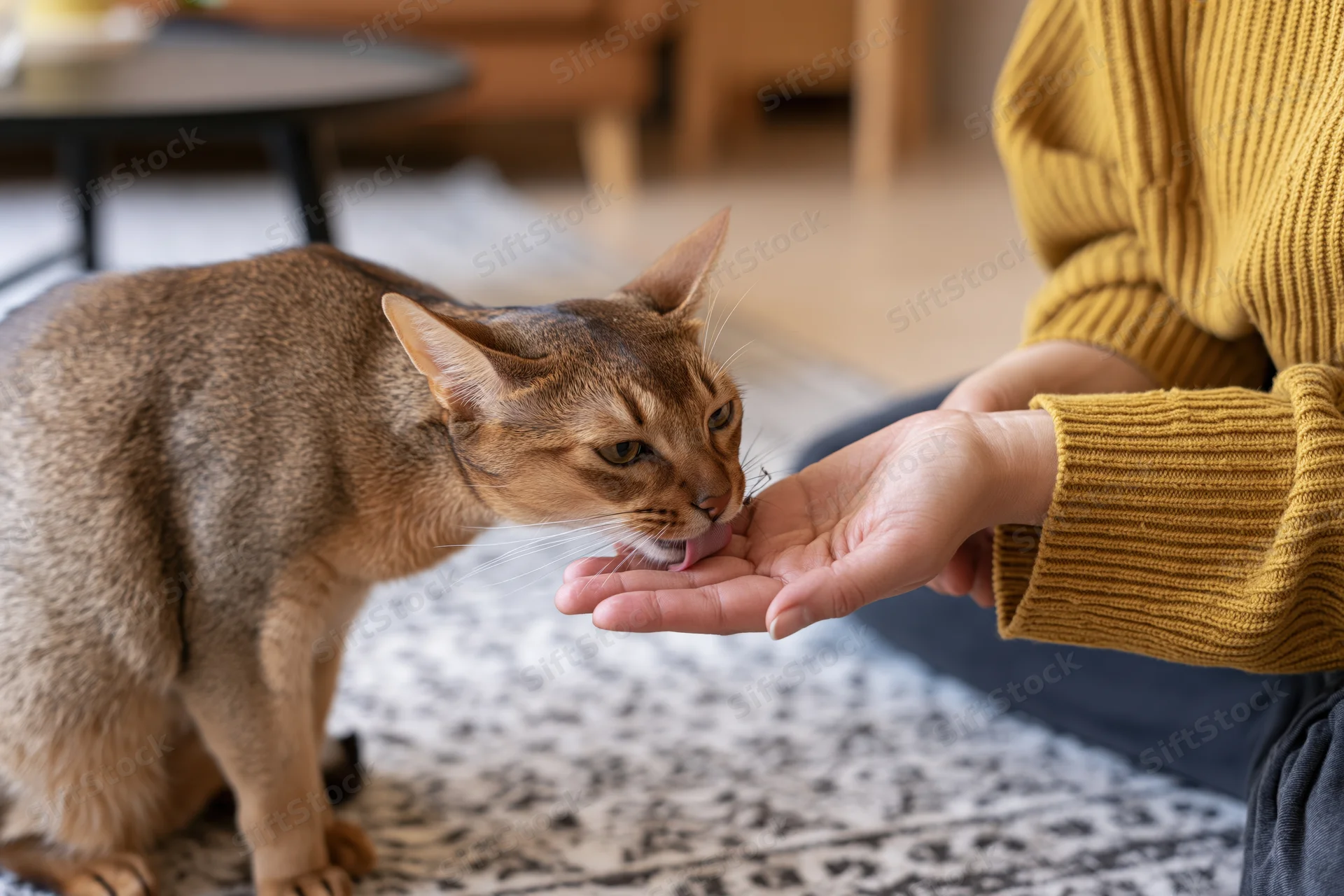 Abyssinian cat licking a person's outstretched hand in a living room