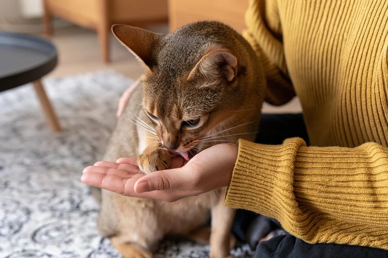 Abyssinian cat licking a person's outstretched hand in a living room