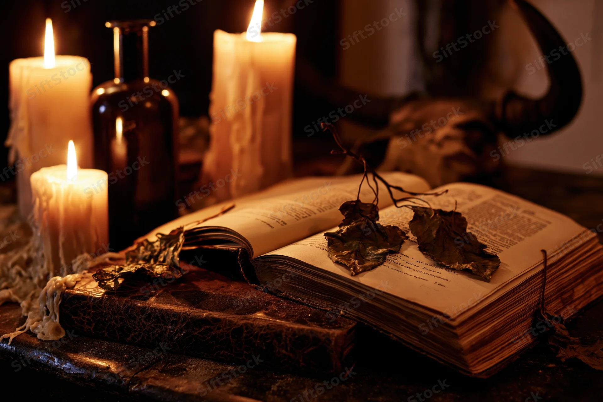 Open aged book with dried leaves and lit candles on dark table