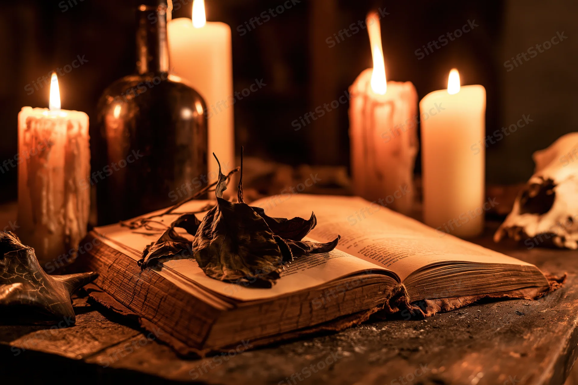Open aged book with dried leaves and lit candles on wooden table