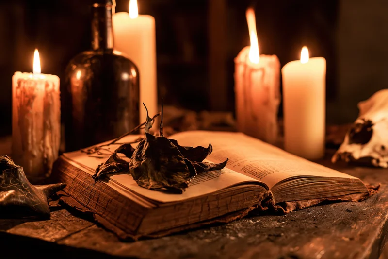 Open aged book with dried leaves and lit candles on wooden table