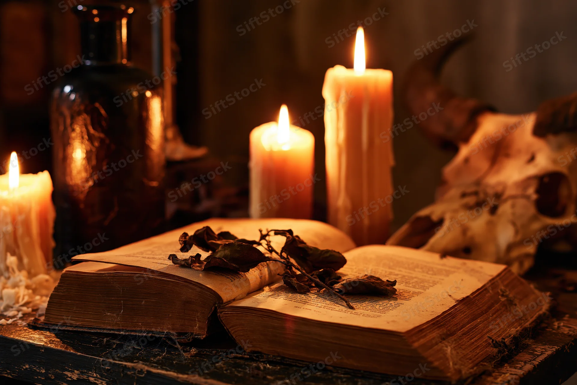 Open aged book with dried leaves and candles on wooden table beside skull and bottle