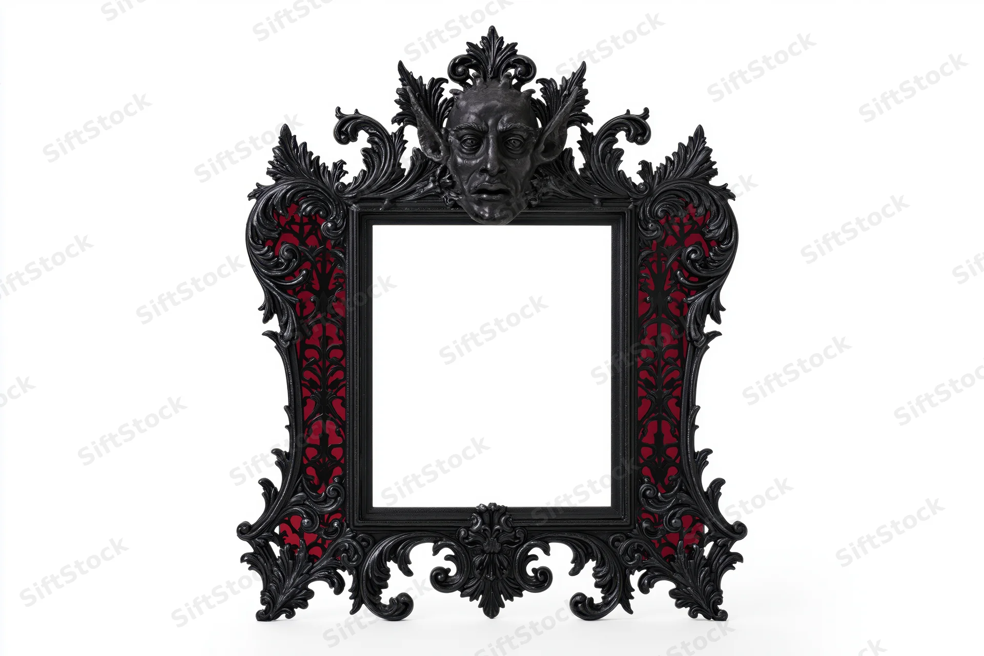 Ornate gothic frame with carved devil head and red patterned sides on white background