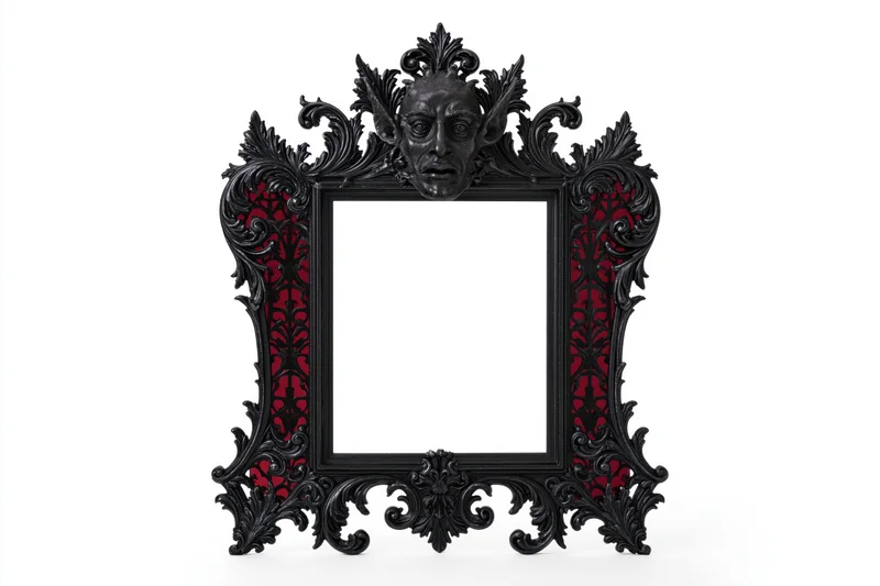 Ornate gothic frame with carved devil head and red patterned sides on white background