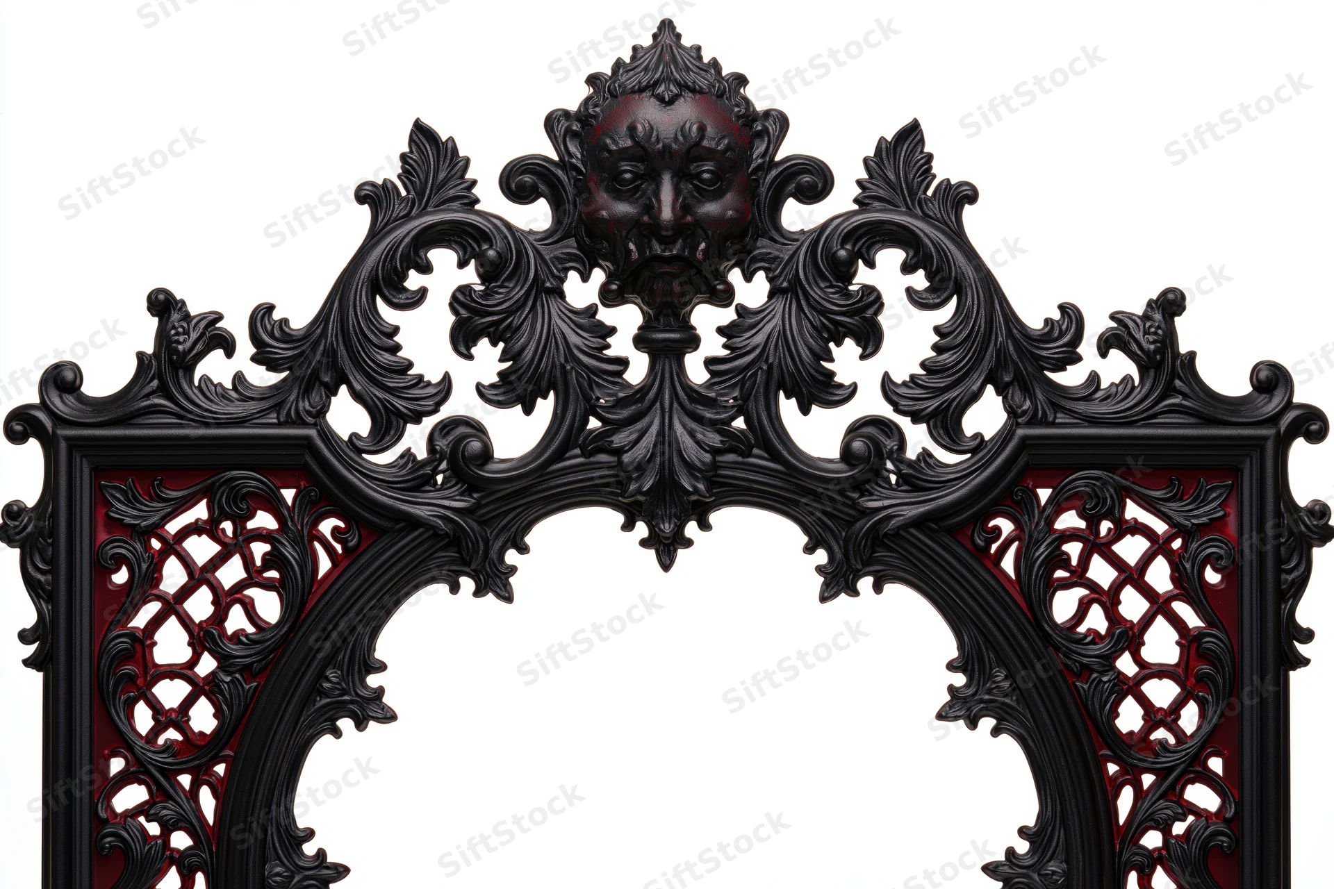 Ornate black gothic victorian frame with carved grotesque face and red accents