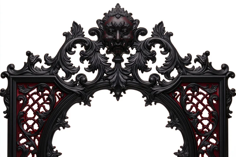 Ornate black gothic victorian frame with carved grotesque face and red accents