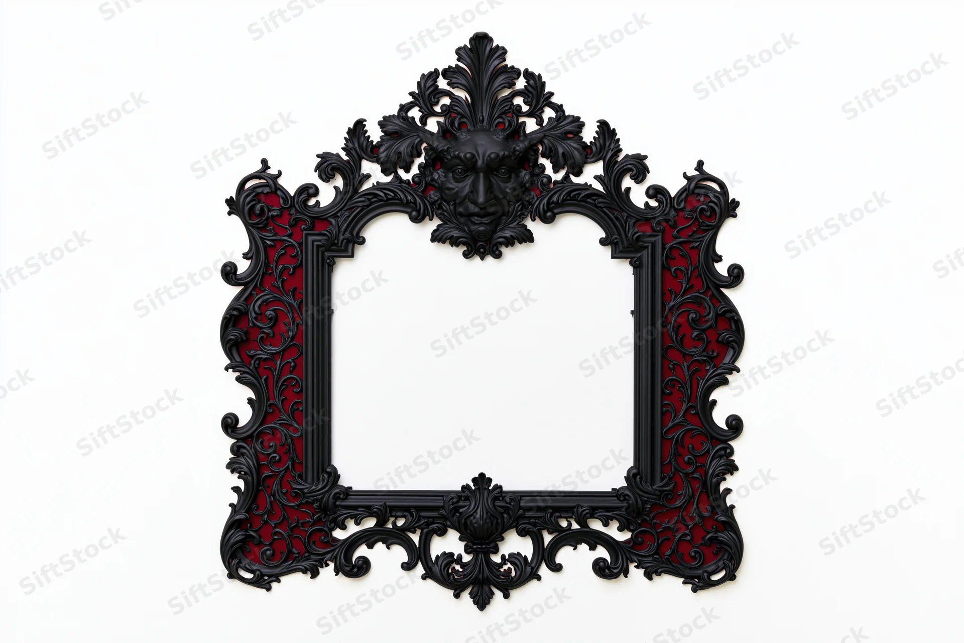 Ornate black gothic victorian frame with red accents and carved mask detail isolated on white