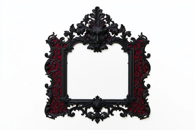 Ornate black gothic victorian frame with red accents and carved mask detail isolated on white