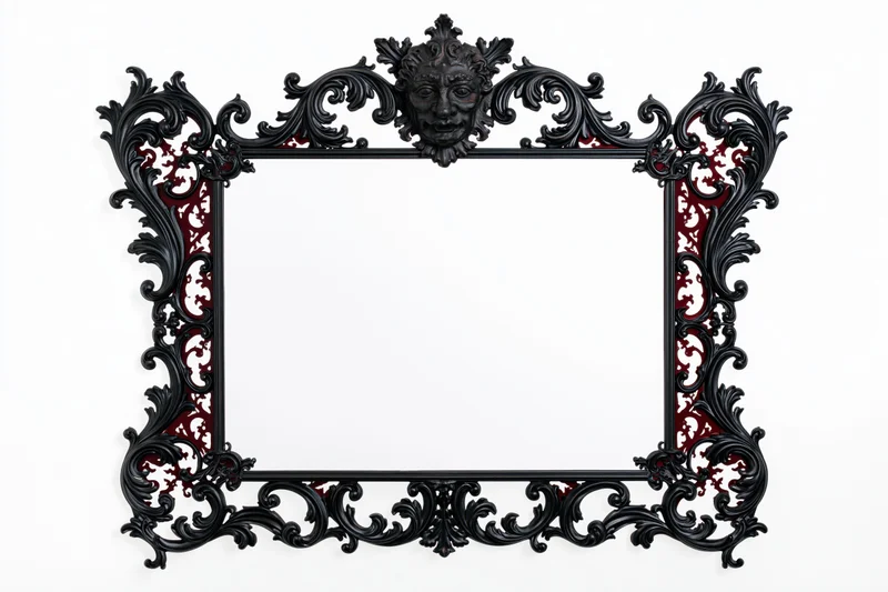 Ornate black gothic victorian frame with carved scrollwork and central mask on white background