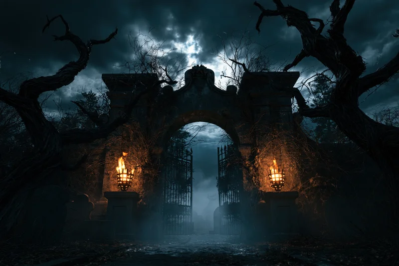 Ancient stone cemetery gate with ornate archway and twisted trees at night, illuminated by lanterns under a cloudy moonlit sky