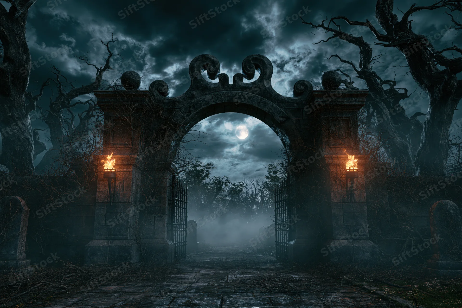 Ancient stone cemetery gate with ornate archway and twisted trees under moonlit night sky