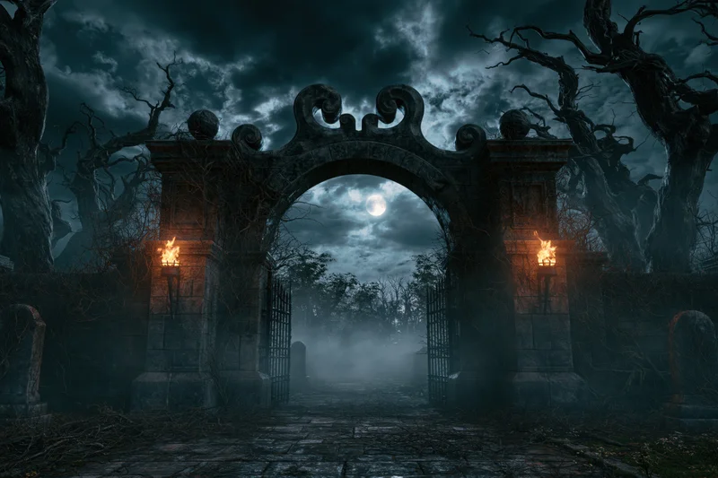 Ancient stone cemetery gate with ornate archway and twisted trees under moonlit night sky