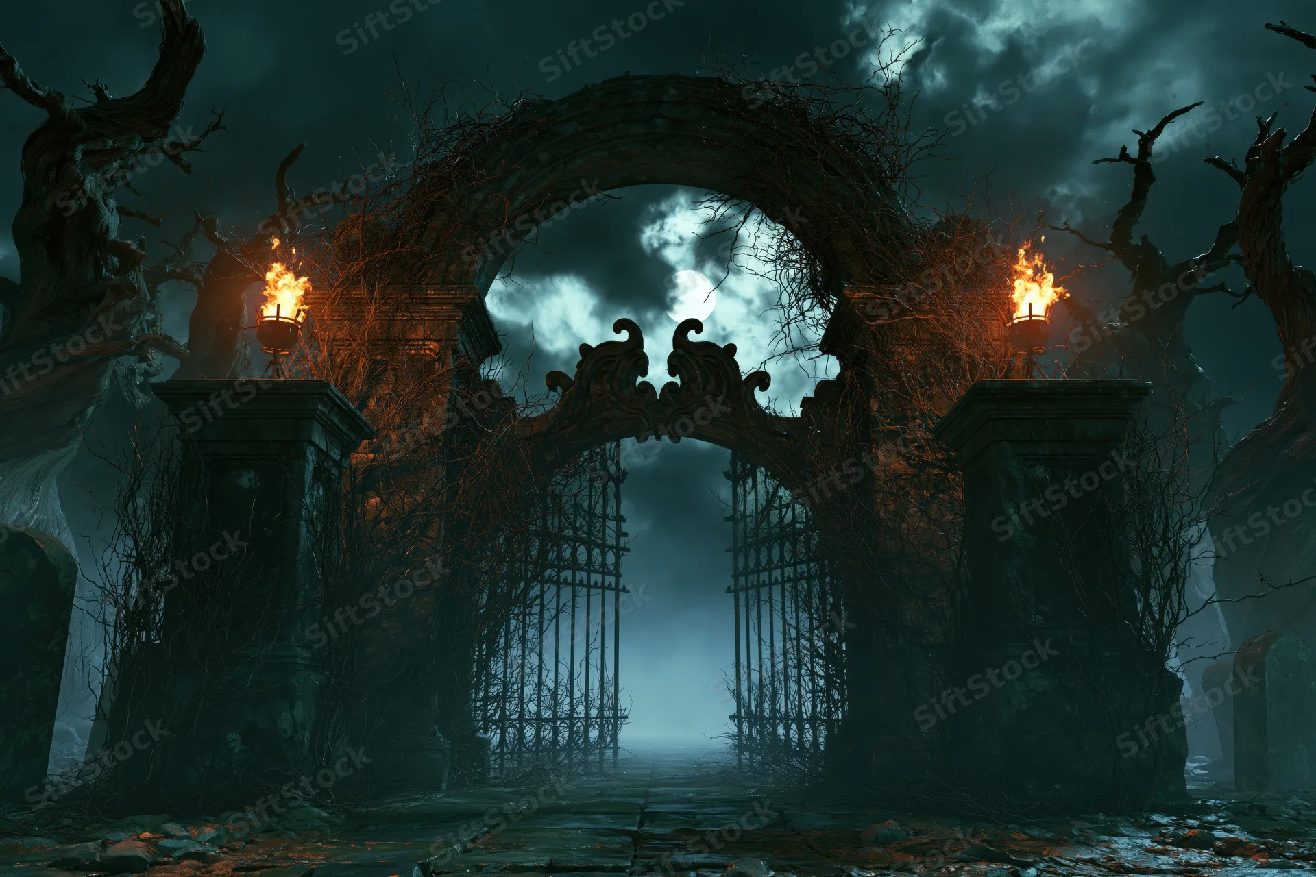 Ornate stone gate with torches and vines at a foggy cemetery entrance at night