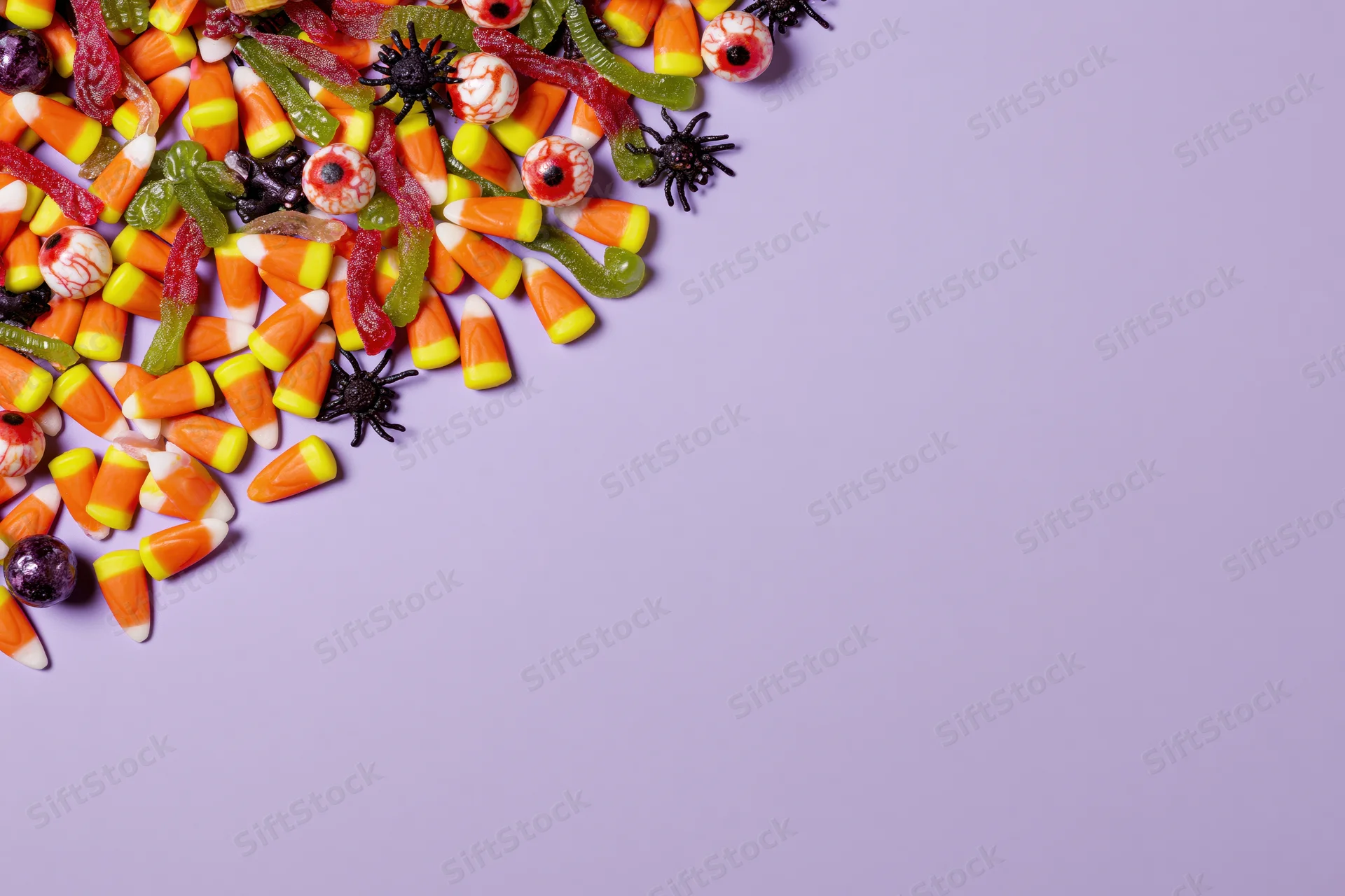 Assorted halloween candy scattered along the left edge of a purple surface with copyspace on the right