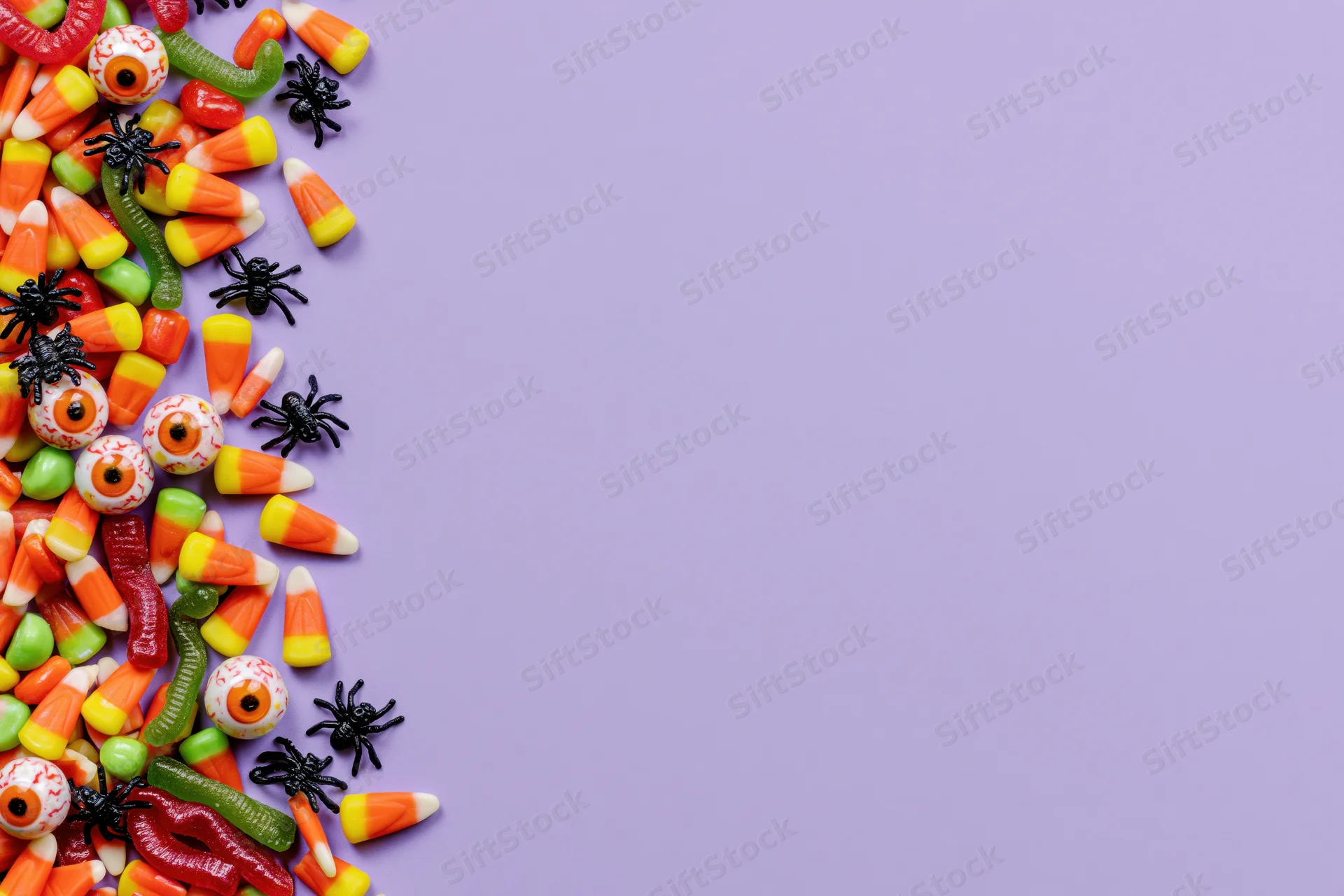 Assorted halloween candy scattered along the left edge of a purple background