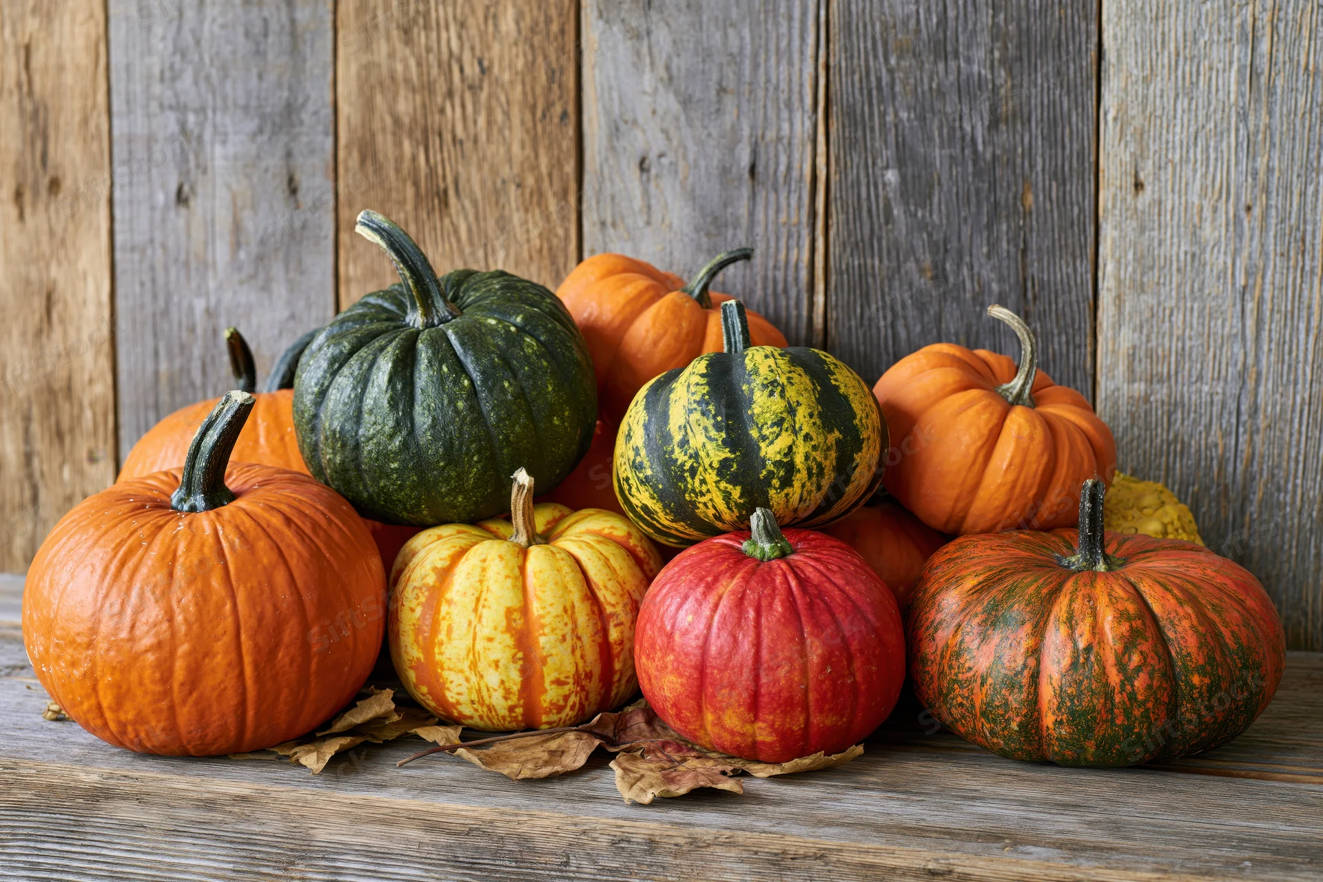 Assorted pumpkins and gourds arranged on a wooden table with dried leaves against a rustic wood backdrop