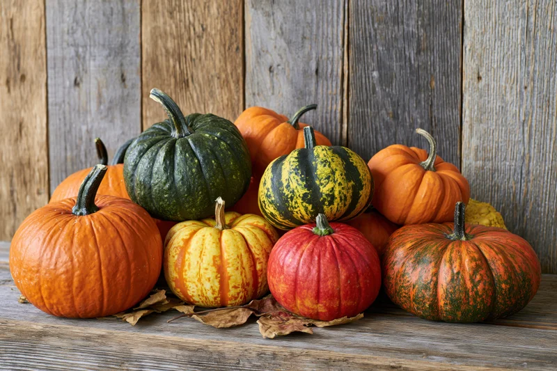 Assorted pumpkins and gourds arranged on a wooden table with dried leaves against a rustic wood backdrop