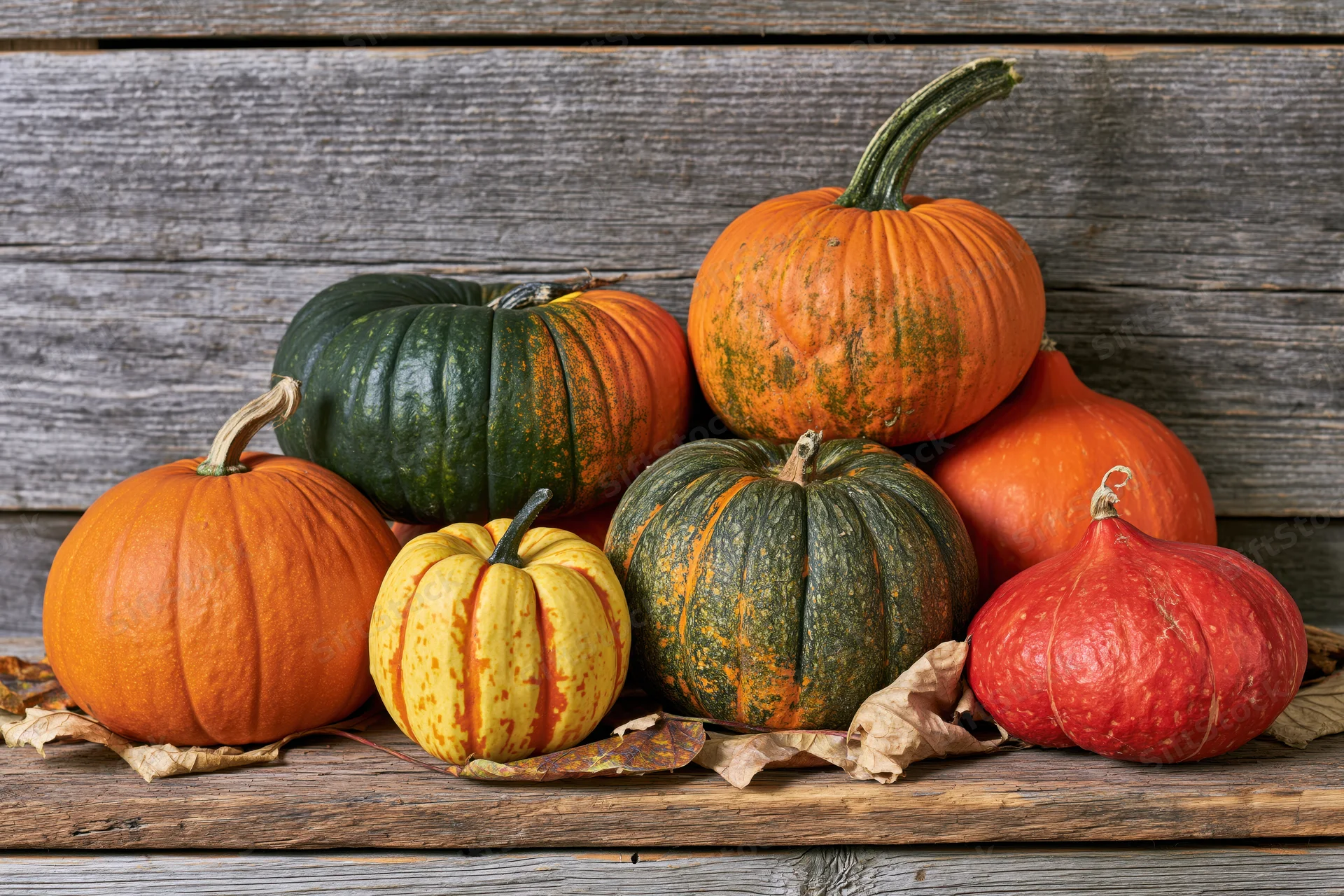 Assorted pumpkins and gourds arranged on a wooden shelf with dried leaves